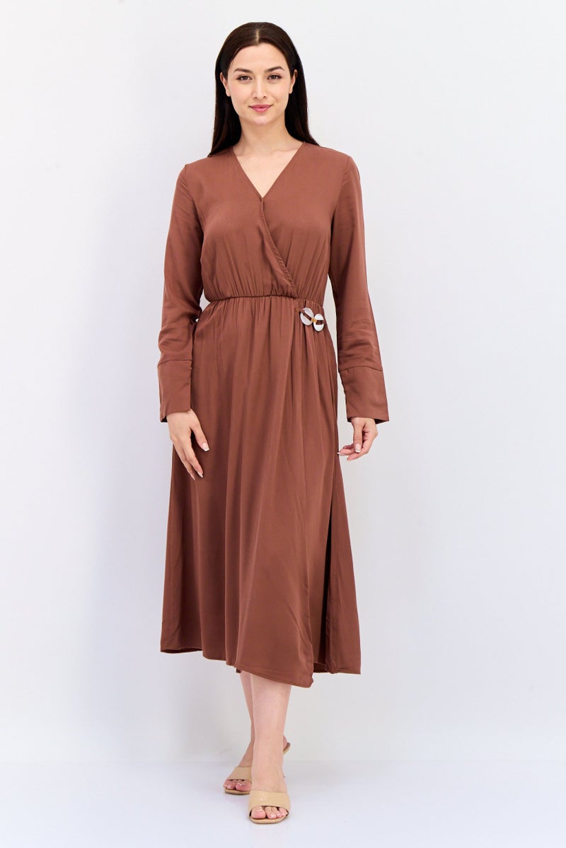 KOTON فستان ميدي مزخرف للنساء، بني - Image 1