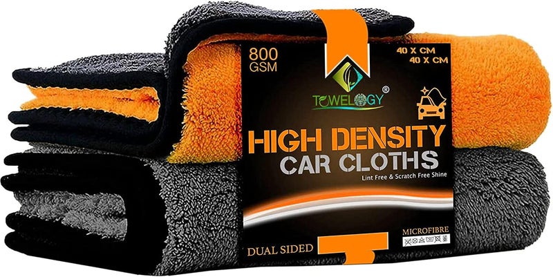 Towelogy Microfibre Car Cleaning Cloths - 800gsm High Density, Chemical Free, Pack of 2 (Orange/Grey) - Image 1