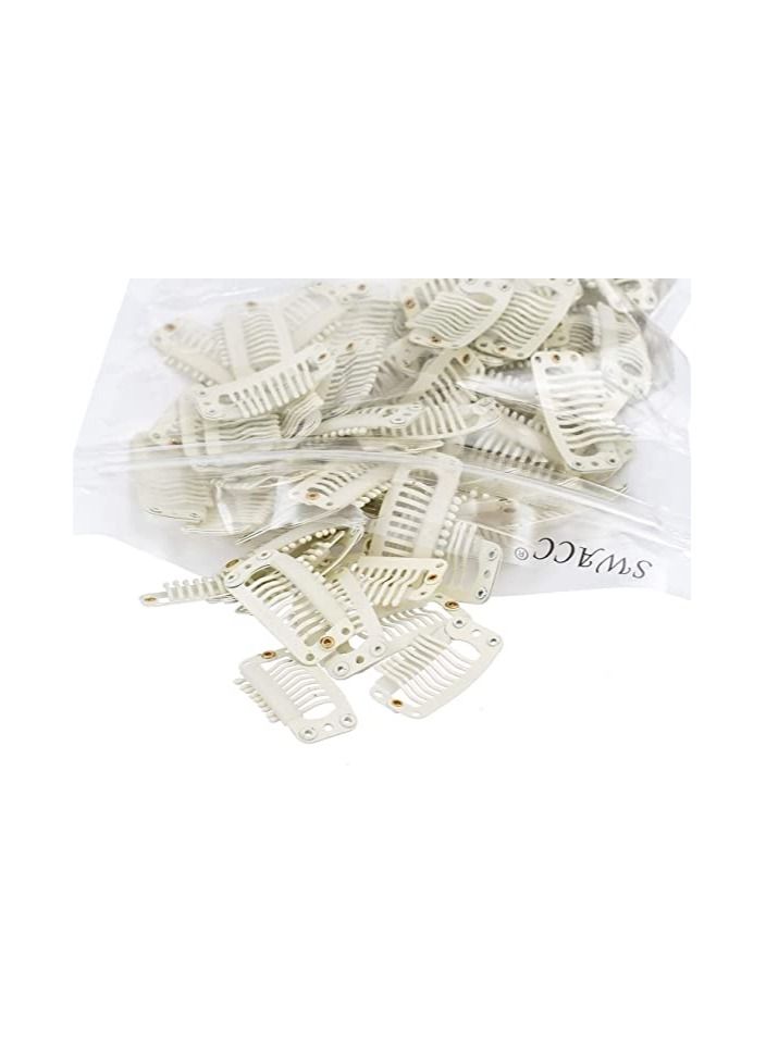 Estelle 100 Pcs U Shape Metallic Snap Clips ins for Hair Extension Hairpiece DIY Snap Comb Wig Clips with Rubber White 9 Teeth 6 Holes White Beige - Image 1