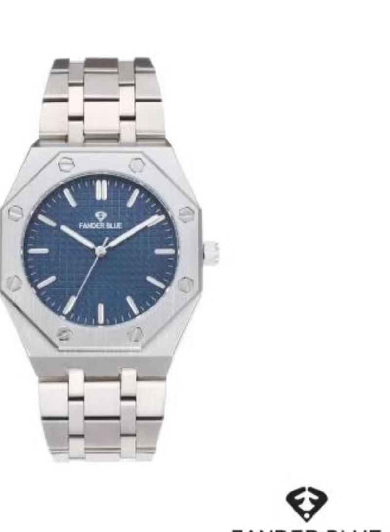 Fander Blue Traveler Watch with Silver Steel Strap and Blue Dial
