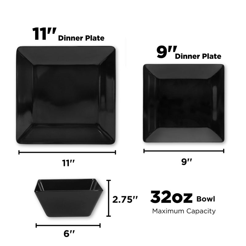 TP 12-Piece Melamine Dinnerware Sets, Plates and Bowls Dishes Set for 4, Break-Resistant & Non-Microwavable, Lightweight Square Dinner Plates, Black - Image 2