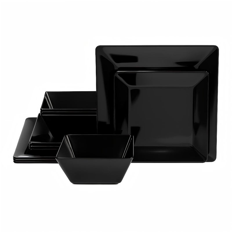 TP 12-Piece Melamine Dinnerware Sets, Plates and Bowls Dishes Set for 4, Break-Resistant & Non-Microwavable, Lightweight Square Dinner Plates, Black - Image 1