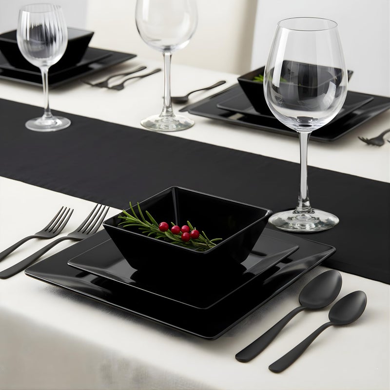 TP 12-Piece Melamine Dinnerware Sets, Plates and Bowls Dishes Set for 4, Break-Resistant & Non-Microwavable, Lightweight Square Dinner Plates, Black - Image 4