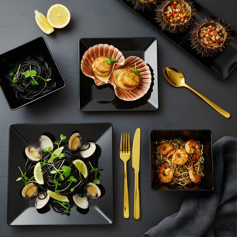 TP 12-Piece Melamine Dinnerware Sets, Plates and Bowls Dishes Set for 4, Break-Resistant & Non-Microwavable, Lightweight Square Dinner Plates, Black - Image 3