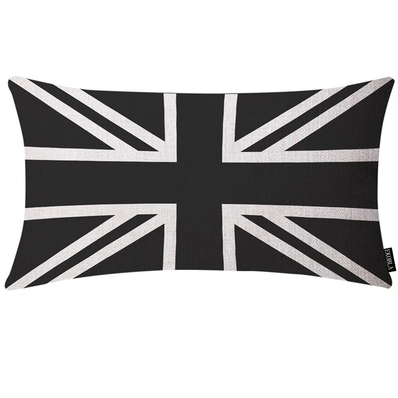 EKOBLA UK Flag Waist Lumbar Pillow Cases Union Jack Black and White United Kingdom National Banner Oblong Rectangle Throw Pillow Covers for Sofa Bed Couch Cotton Linen 12x20 Inches