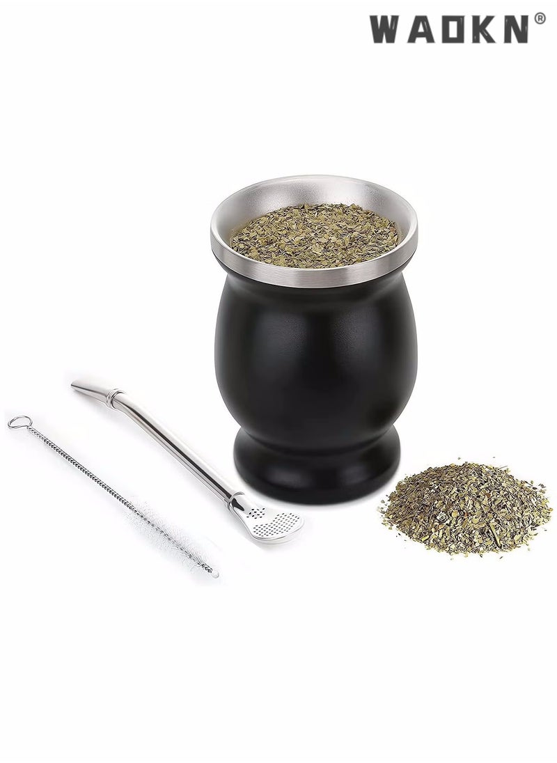 دبليو أيه أو كي أن Yerba Mate Tea Cup, كوب عزل منزلي مزدوج الجدران من الفولاذ المقاوم للصدأ، قرع ماتي لشرب أوراق الشجر السائبة مع قش بومبيلا، أسود، 230 مل  - Image 1