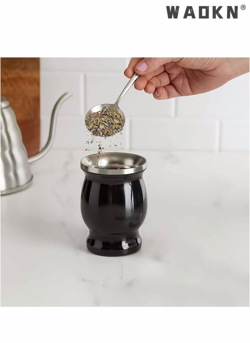 دبليو أيه أو كي أن Yerba Mate Tea Cup, كوب عزل منزلي مزدوج الجدران من الفولاذ المقاوم للصدأ، قرع ماتي لشرب أوراق الشجر السائبة مع قش بومبيلا، أسود، 230 مل  - Image 5