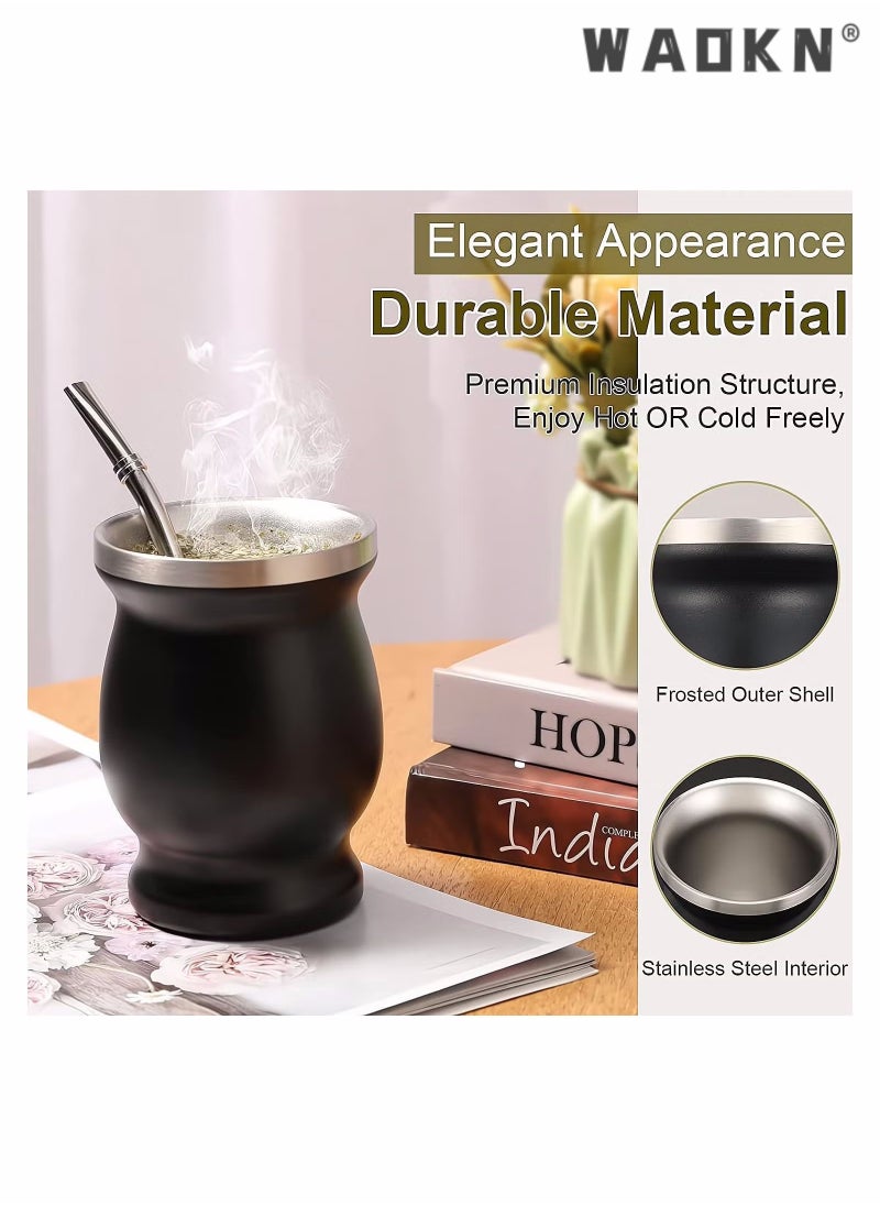 دبليو أيه أو كي أن Yerba Mate Tea Cup, كوب عزل منزلي مزدوج الجدران من الفولاذ المقاوم للصدأ، قرع ماتي لشرب أوراق الشجر السائبة مع قش بومبيلا، أسود، 230 مل  - Image 3
