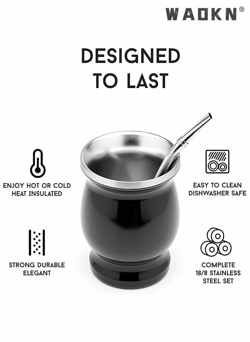 دبليو أيه أو كي أن Yerba Mate Tea Cup, كوب عزل منزلي مزدوج الجدران من الفولاذ المقاوم للصدأ، قرع ماتي لشرب أوراق الشجر السائبة مع قش بومبيلا، أسود، 230 مل  - Image 4