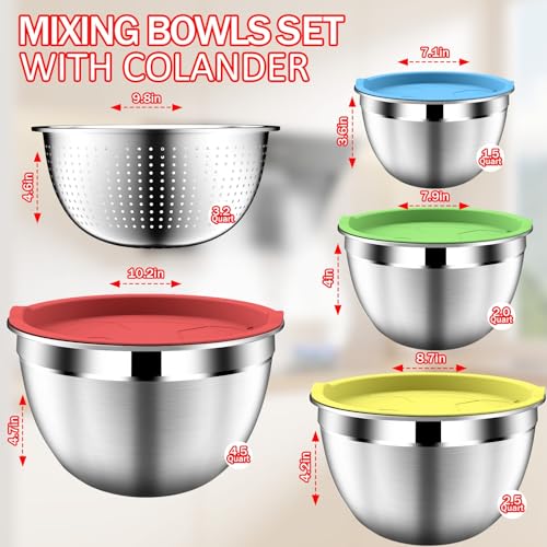 DUTZUN Mixing Bowls with Strainer, Mixing Bowl with Lids Set, Stainless Steel Mixing Bowls, Kitchen Gadgets 2025 Salad Bowls with Strainer for Mixing & Preping & Baking, Multicolor - Image 2