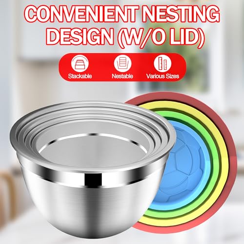 DUTZUN Mixing Bowls with Strainer, Mixing Bowl with Lids Set, Stainless Steel Mixing Bowls, Kitchen Gadgets 2025 Salad Bowls with Strainer for Mixing & Preping & Baking, Multicolor - Image 4