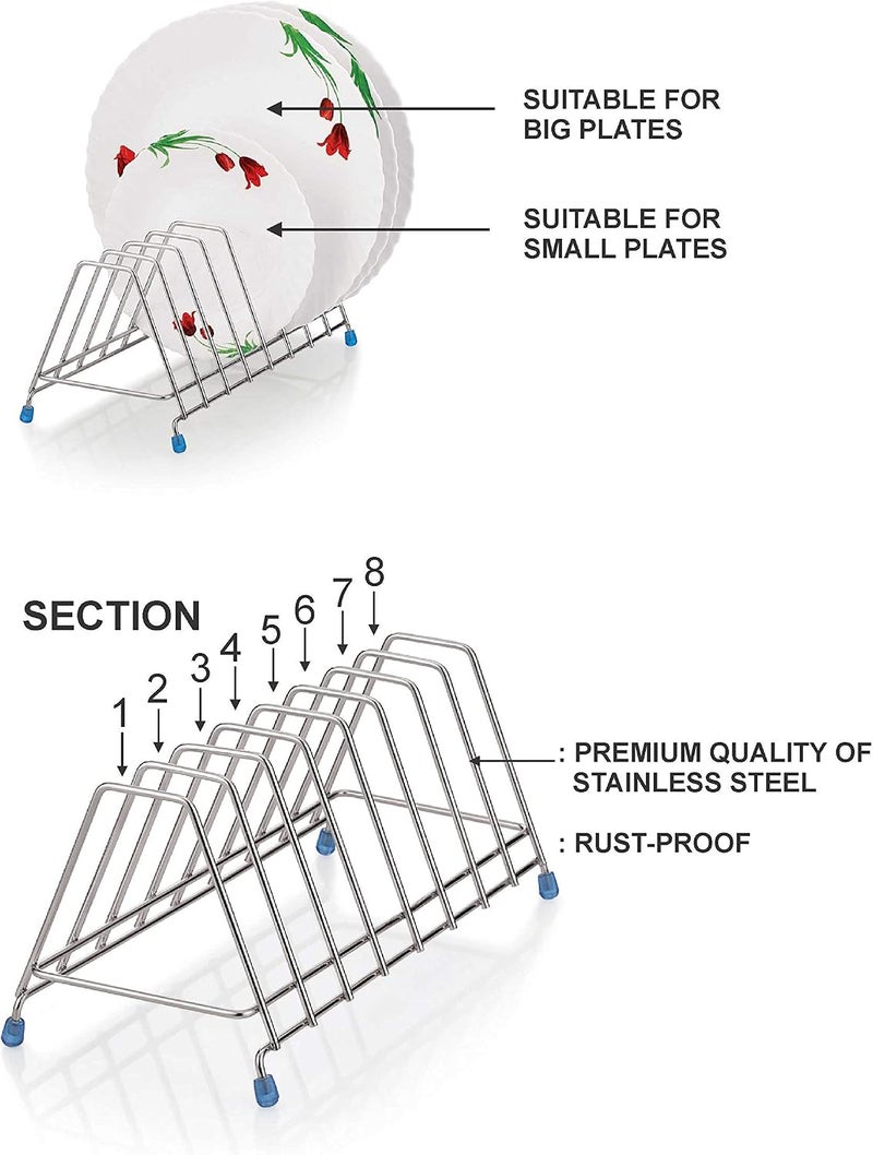 Tiara - Leo Stainless Steel Thali Rack, Dish Rack, Plate Stand, Dish Stand, Lid Holder Utensil Rack for Kitchen - 8 Section Plate Rack - Image 3