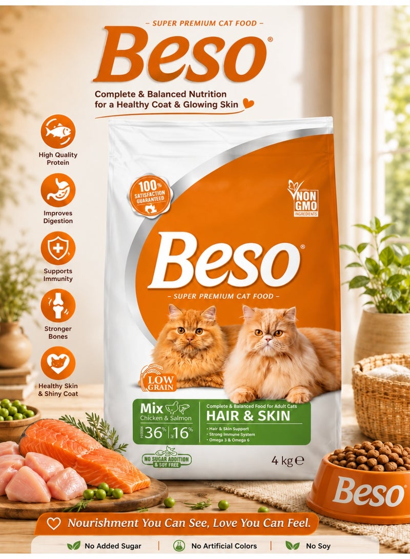 Beso Super Premium Hair & Skin Adult Cat Food Mix Chicken & Salmon 4kg – Complete & Balanced Formula with Omega 3 & 6 for Fur Loss Prevention and Skin Health. - Image 1