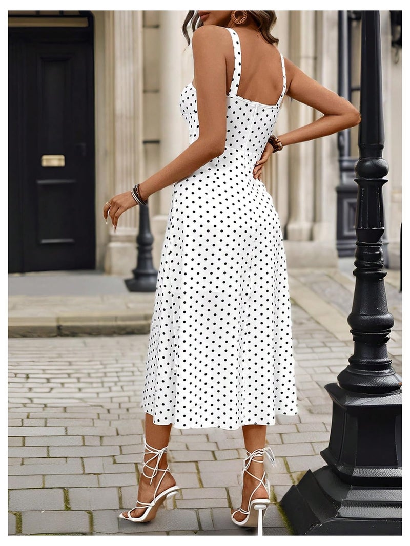 Floerns Women's Polka Dots Square Neck Tank Dress Ruched Bust Knot A Line Midi Dresses White and Black Small - Image 3