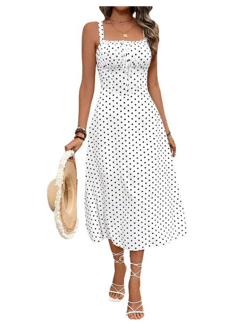 Floerns Women's Polka Dots Square Neck Tank Dress Ruched Bust Knot A Line Midi Dresses White and Black Small - Image 1