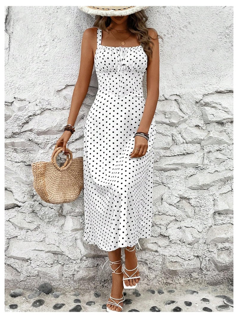 Floerns Women's Polka Dots Square Neck Tank Dress Ruched Bust Knot A Line Midi Dresses White and Black Small - Image 4