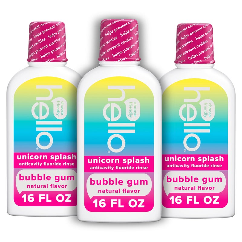 Hello Kids Mouthwash with Unicorn Bubble Gum Flavor, Alcohol Free Mouthwash for Kids with Fluoride, Safe for Ages 6 and Up, Anticavity, Vegan, No Alcohol, No Dyes, 16 Oz Bottles (Pack of 3) - Image 1