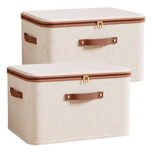 Prime Pick Storage Box Foldable Jute Cotton Cloth Organizer with Lid and Reinforced Handles Washable Wardrobe Storage Bin for Clothes Almirah Drawer Beige XXL Size Pack of 2 - Image 1