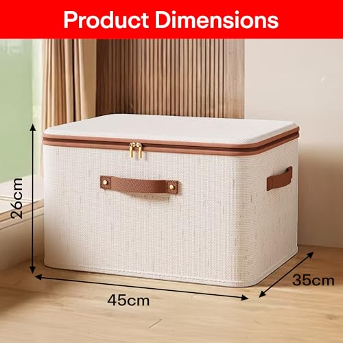 Prime Pick Storage Box Foldable Jute Cotton Cloth Organizer with Lid and Reinforced Handles Washable Wardrobe Storage Bin for Clothes Almirah Drawer Beige XXL Size Pack of 2 - Image 3