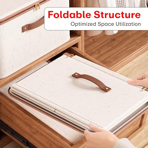 Prime Pick Storage Box Foldable Jute Cotton Cloth Organizer with Lid and Reinforced Handles Washable Wardrobe Storage Bin for Clothes Almirah Drawer Beige XXL Size Pack of 2 - Image 2