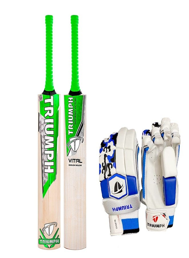 ترايامف مضرب كريكيت Triumph Vital المصنوع من خشب الصفصاف الإنجليزي للرجال، وقفازات واقية للضرب (يسار/يمين) - Image 2