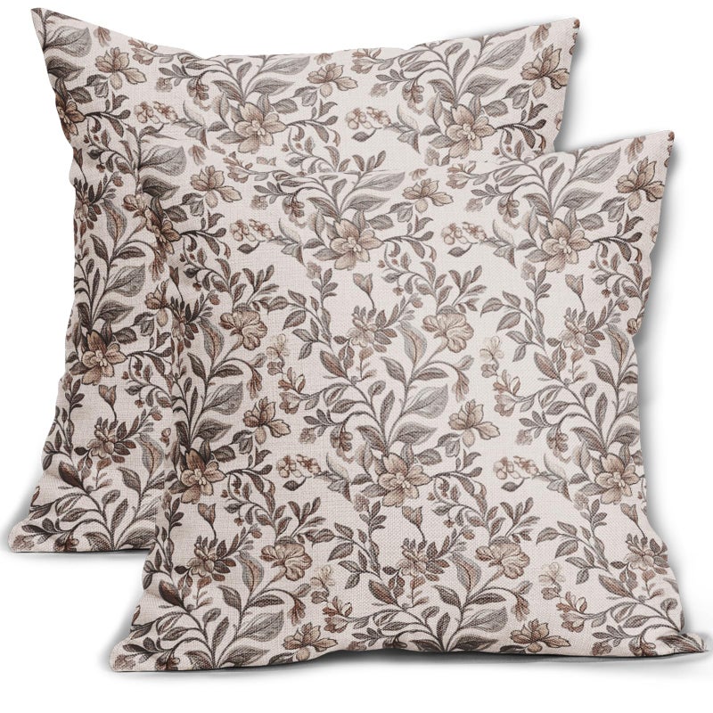 Sivirary Vintage Floral Pillow Covers 18x18 Inch Set of 2, Antique Flower Block Print Brown Grey Gray Pattern Decorative Throw Pillowcases Outdoor Farmhouse Cushion Covers Art Decor for Sofa Couch Bed - Image 1