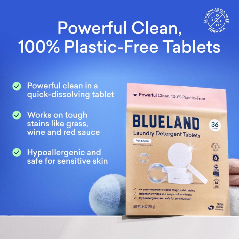 BLUELAND Laundry Essentials Kit, Fragrance Free & Clear - Plastic-Free Laundry Detergent Tablets, Oxi Booster, and Reuseable Natural Wool Dryer Balls - Image 2