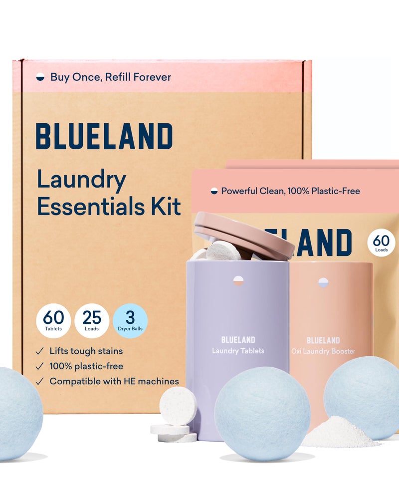 BLUELAND Laundry Essentials Kit, Fragrance Free & Clear - Plastic-Free Laundry Detergent Tablets, Oxi Booster, and Reuseable Natural Wool Dryer Balls - Image 1