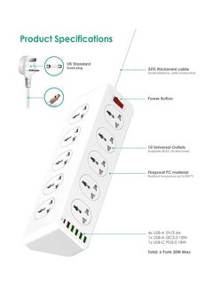 JBQ 10 Way Power Extension Cord Surge Protector Strip Heavy Duty Universal Electrical Socket White  - Image 3
