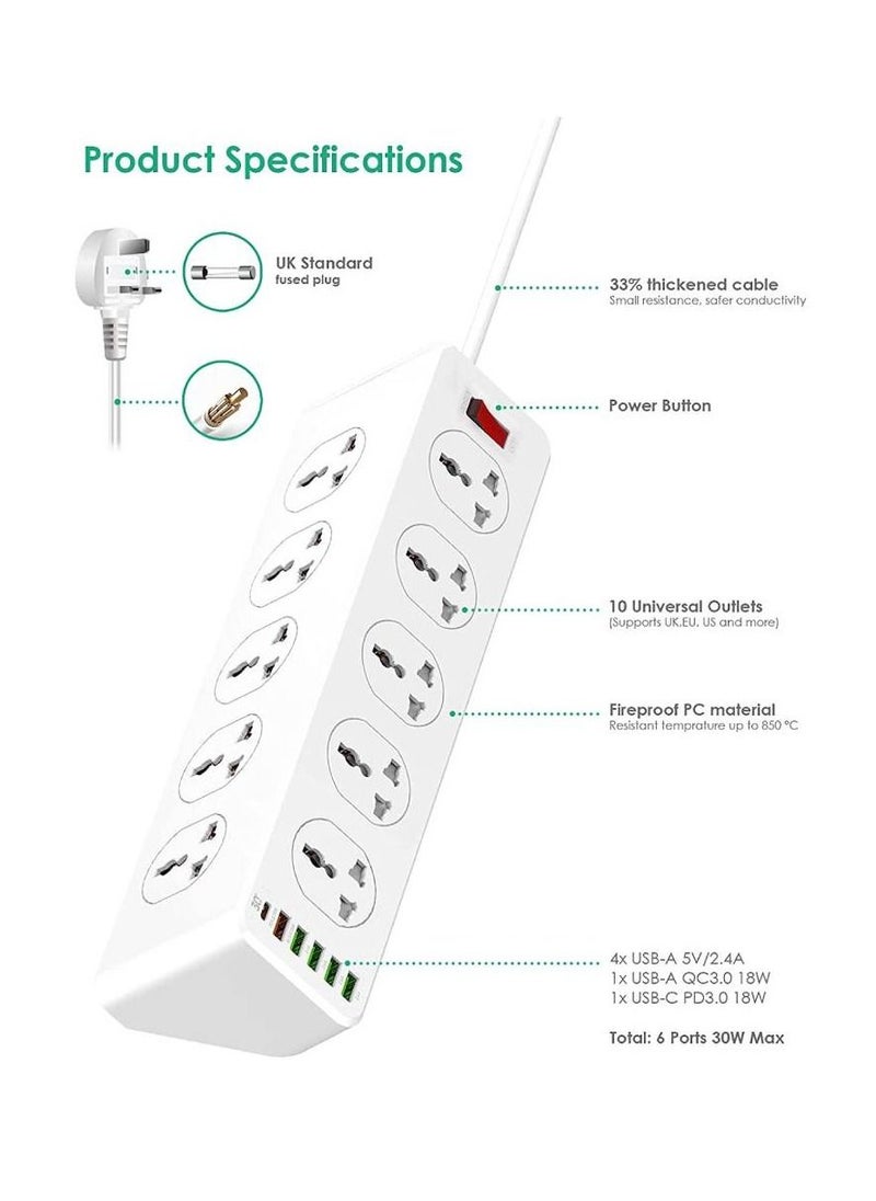 JBQ - 10 Way Power Extension Cord Surge Protector Strip Heavy Duty Universal Electrical Socket White - Image 1