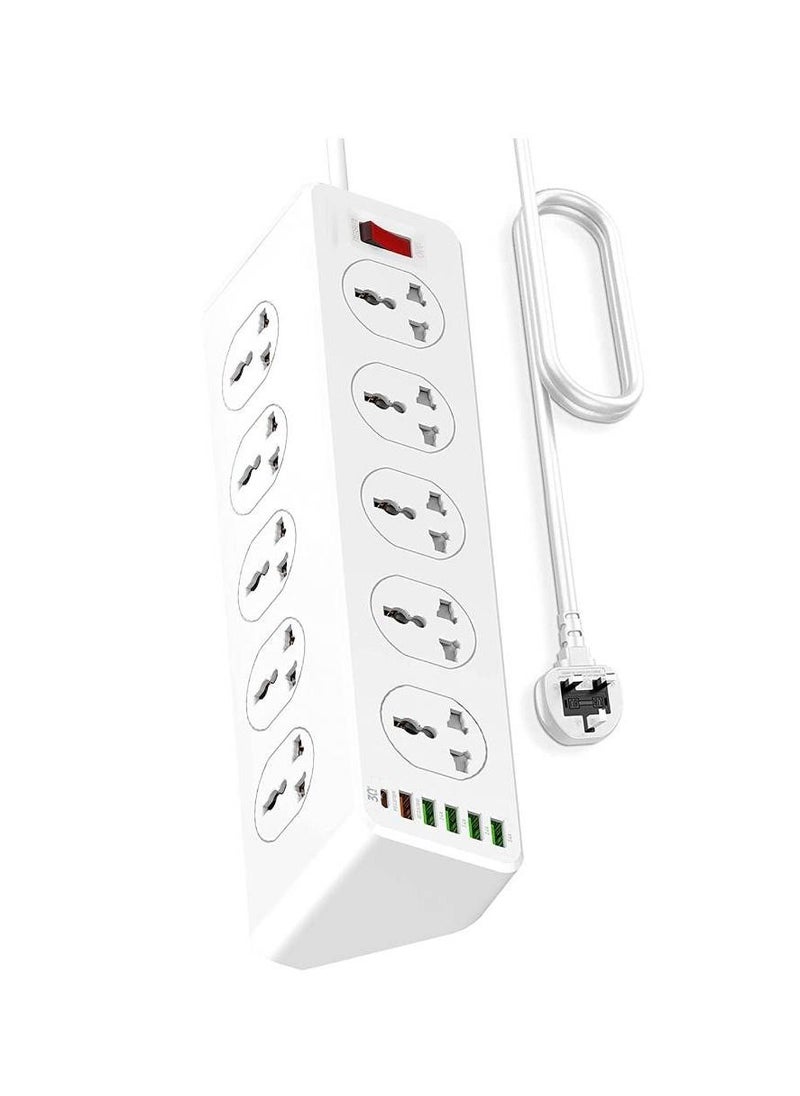 JBQ - 10 Way Power Extension Cord Surge Protector Strip Heavy Duty Universal Electrical Socket White - Image 1