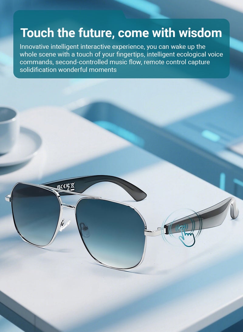 STEELCORE Smart Glasses AI Translation Glasses Bluetooth Audio Sunglasses with Dual Stereo Speakers, Open Earphones Music Playback and HD Calls, for Men and Women (Blue Lenses) - Image 2