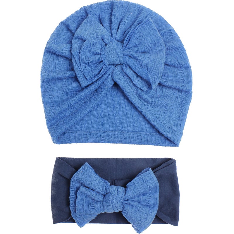 Generic European and American Summer New Baby Jacquard Hat Headband Set Bow Headband Combination Girls Cute Hat Royal blue