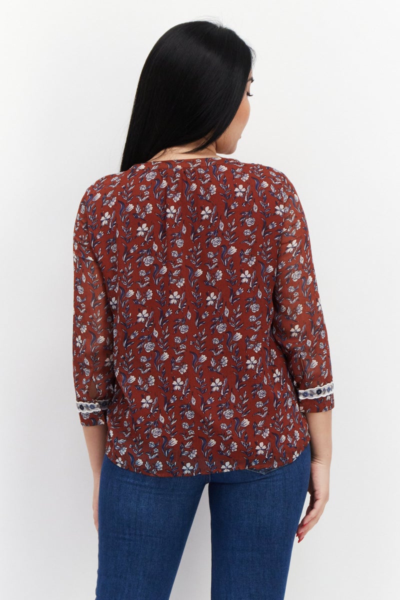 VERO MODA Women Tie Neck 3/4 Sleeve Floral Pattern Shirt, Bohemian Orange - Image 3