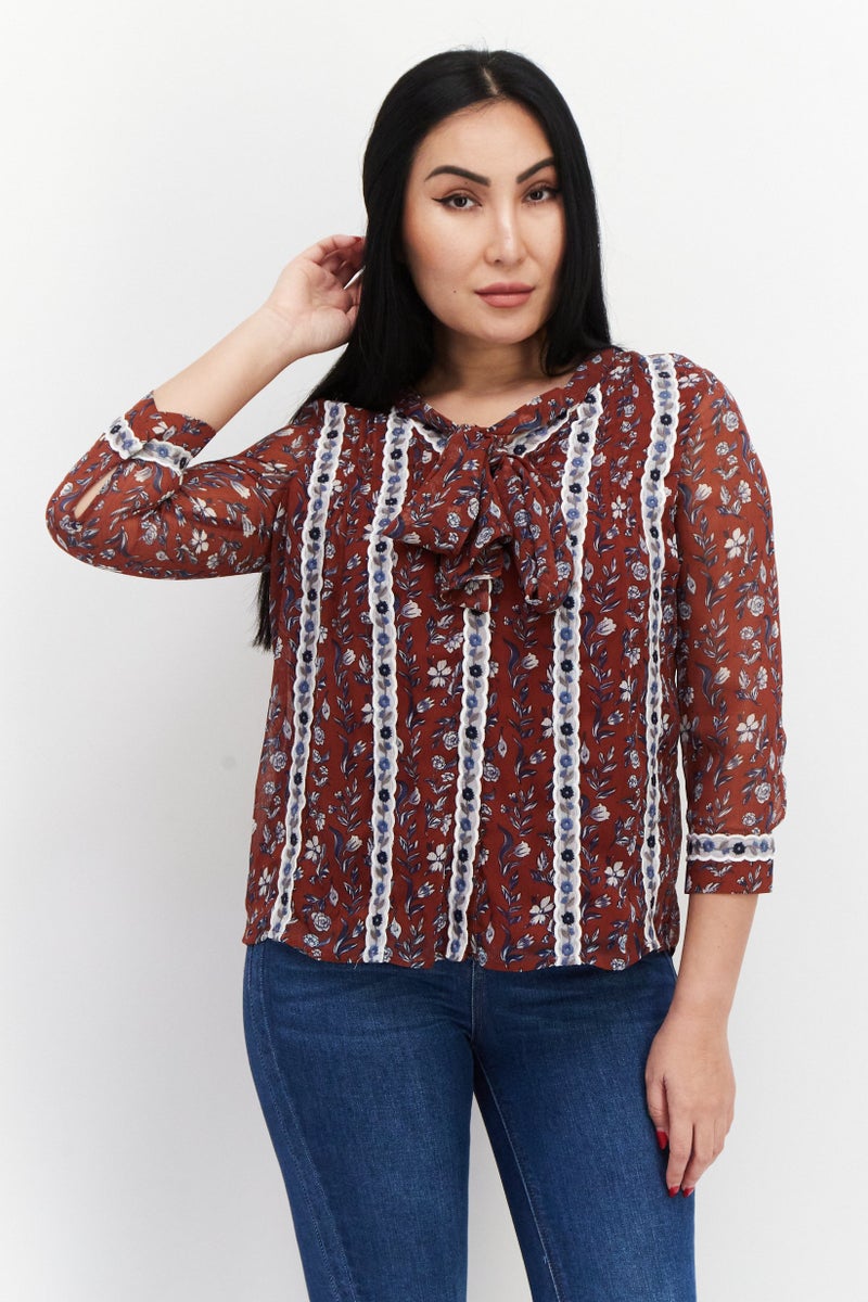 VERO MODA Women Tie Neck 3/4 Sleeve Floral Pattern Shirt, Bohemian Orange - Image 1