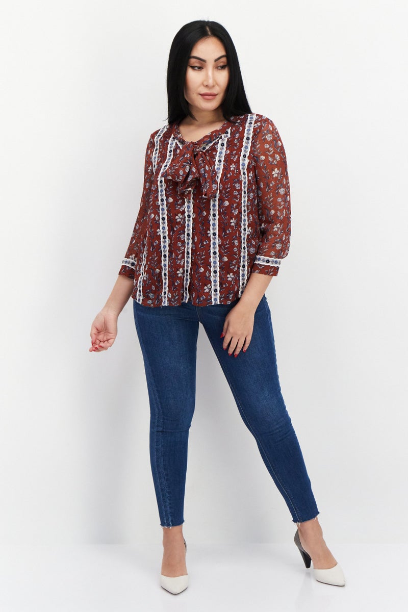 VERO MODA Women Tie Neck 3/4 Sleeve Floral Pattern Shirt, Bohemian Orange - Image 2