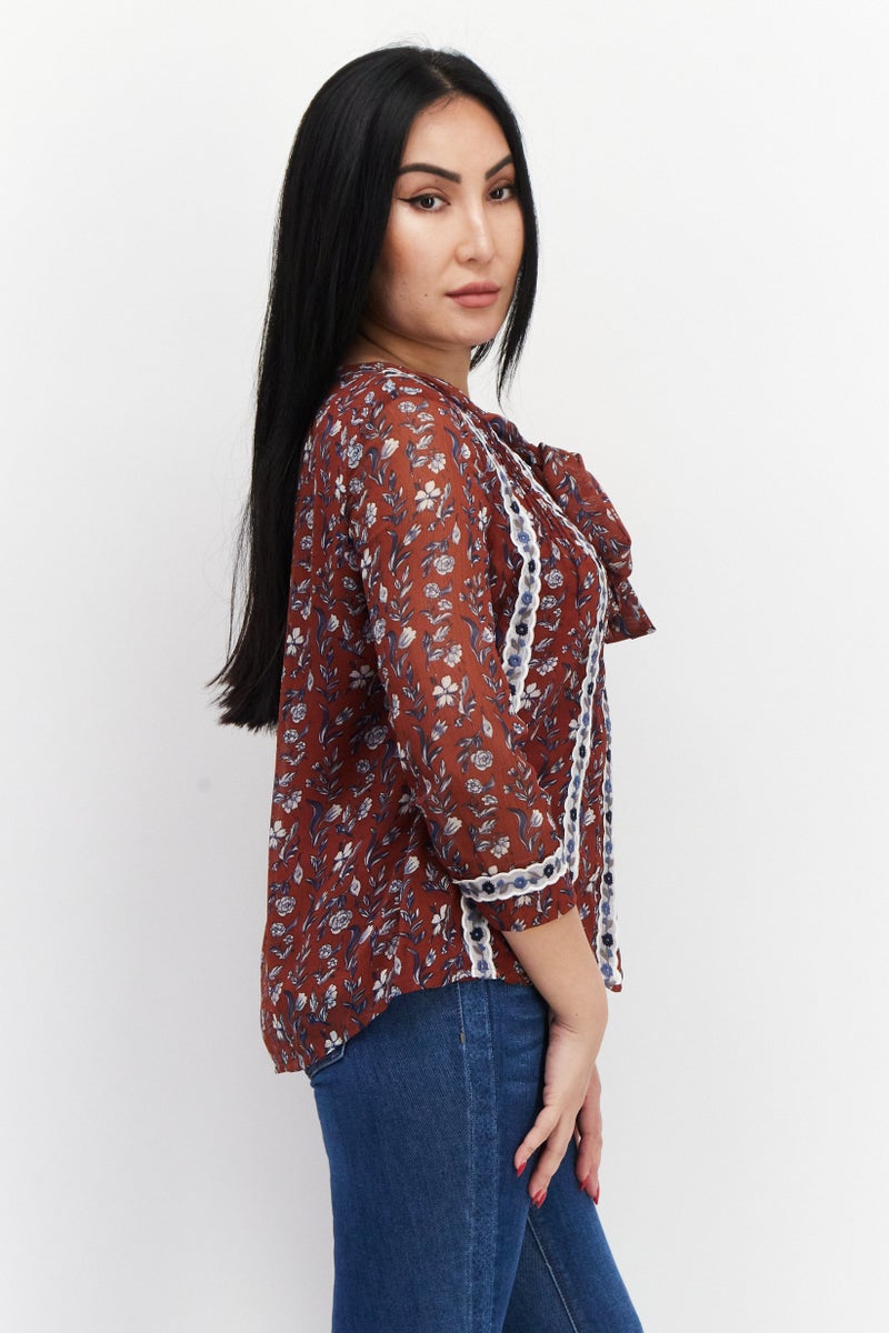 VERO MODA Women Tie Neck 3/4 Sleeve Floral Pattern Shirt, Bohemian Orange - Image 4