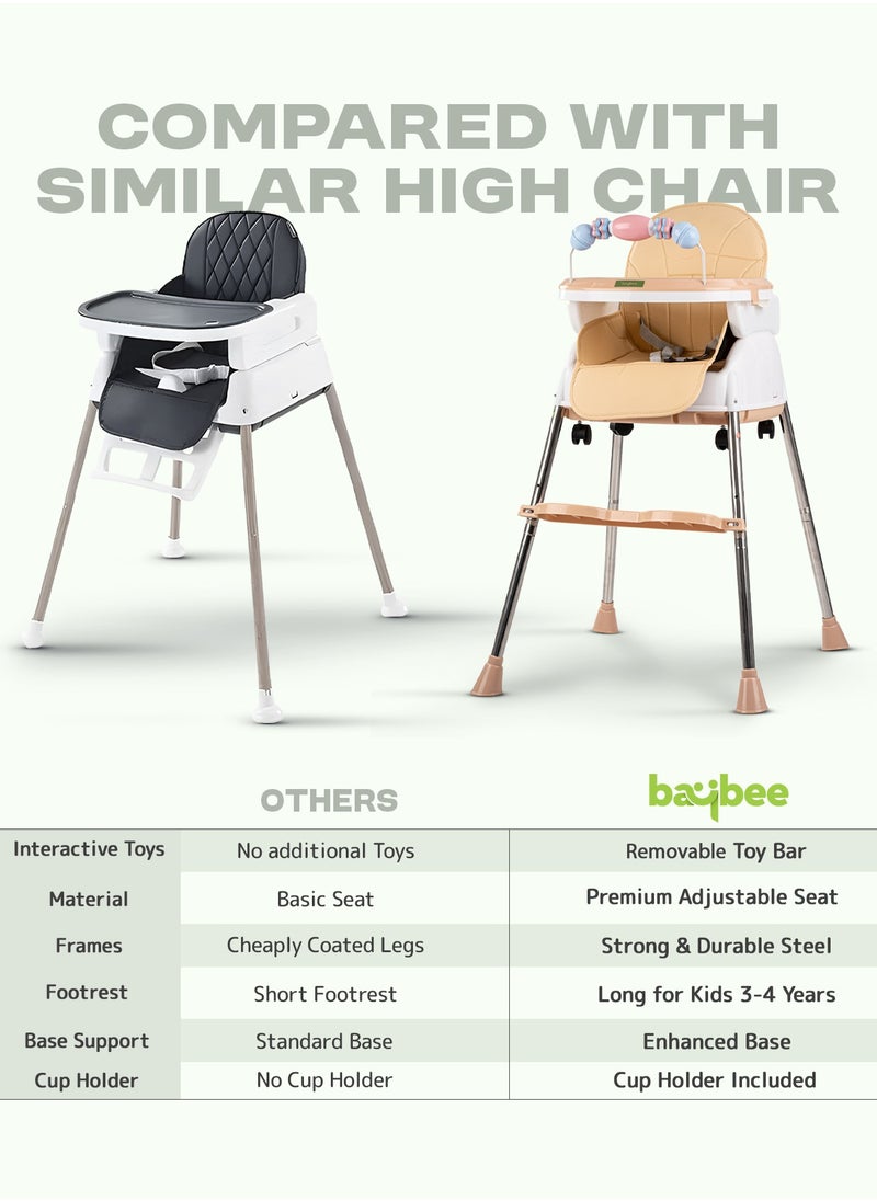 BAYBEE 4-In-1 Nora Convertible High Chair For Kids With Adjustable Height And Footrest, Toddler Feeding Booster Seat And Tray Safety Belt - Beige  - Image 2