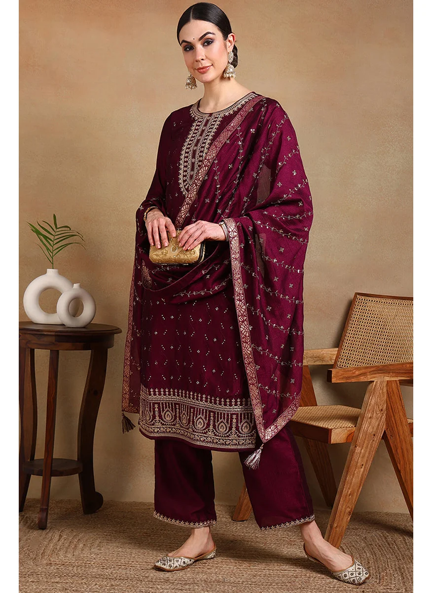 ZERESOUQ Silk Blend Wine Embroidered Straight Suit Set