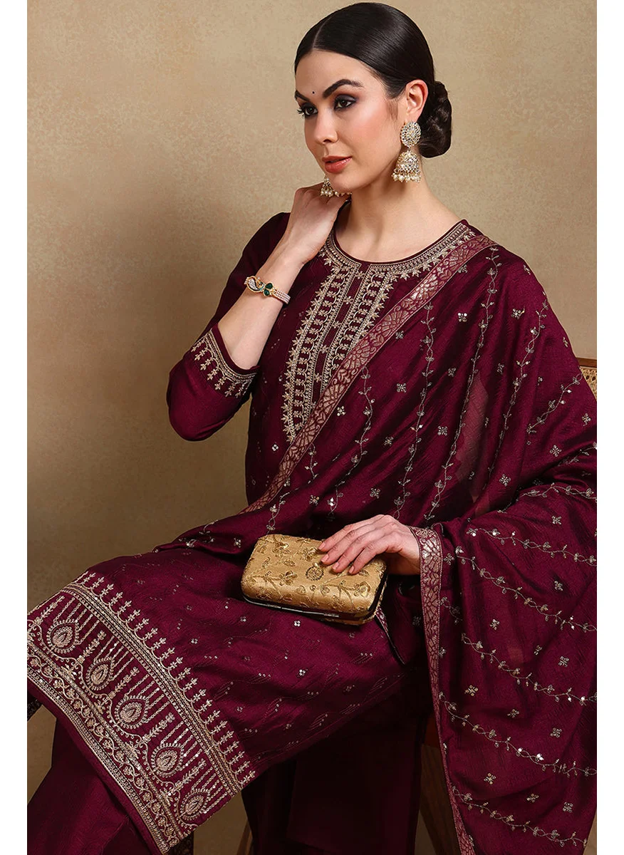 ZERESOUQ Silk Blend Wine Embroidered Straight Suit Set