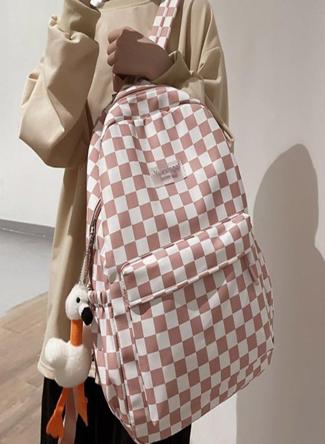 MININAI Y2K Aesthetic Checkered Backpack with Kawaii Pendant Checkerboard Backpack Cute Preppy Laptop Backpack Light Rucksack (One Size,Pink) - Image 4