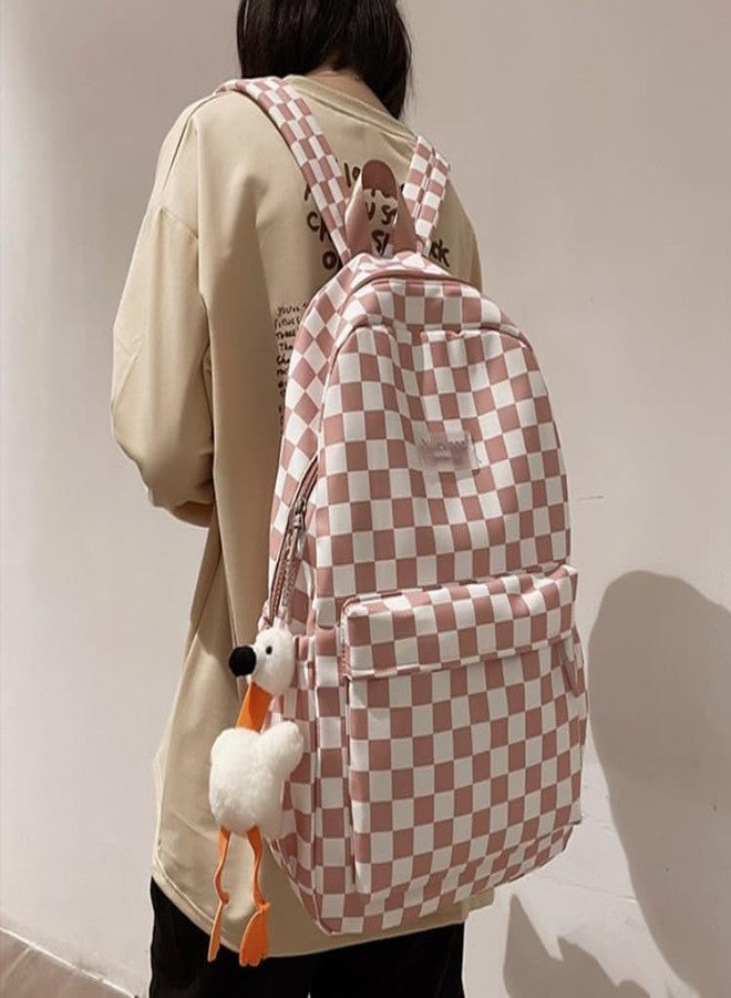 MININAI Y2K Aesthetic Checkered Backpack with Kawaii Pendant Checkerboard Backpack Cute Preppy Laptop Backpack Light Rucksack (One Size,Pink) - Image 2