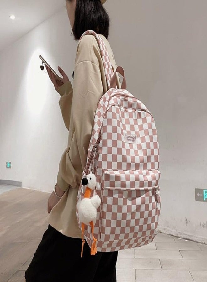 MININAI Y2K Aesthetic Checkered Backpack with Kawaii Pendant Checkerboard Backpack Cute Preppy Laptop Backpack Light Rucksack (One Size,Pink) - Image 3