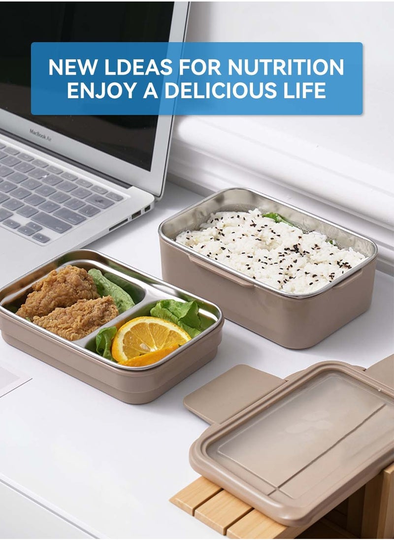 LEOKOR - Bento Box, Stainless Steel Double Layer Lunch Box with Lunch Bag and Tableware, Food Storage Box, Leakproof Lunch Container for Adults Kids Men Women Teens 1000ML (Brown) - Image 1