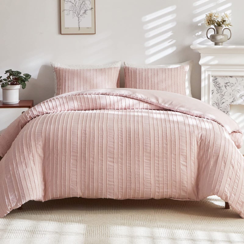 WARMDERN Pink Striped Duvet Cover Set Boho Textured Tufted Bedding 2 Piece Twin Size Washed Microfiber Duvet Cover with Zipper Closure Corner Ties Twin Pink