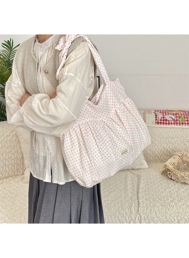 5291 Lazy Style Pleated Skirt Lace-up Shoulder Bag Large Capacity Underarm Bag Korean Style Canvas Bag Spring And Summer Arrival Bag-Color:Blue Polka Dots  - Image 4