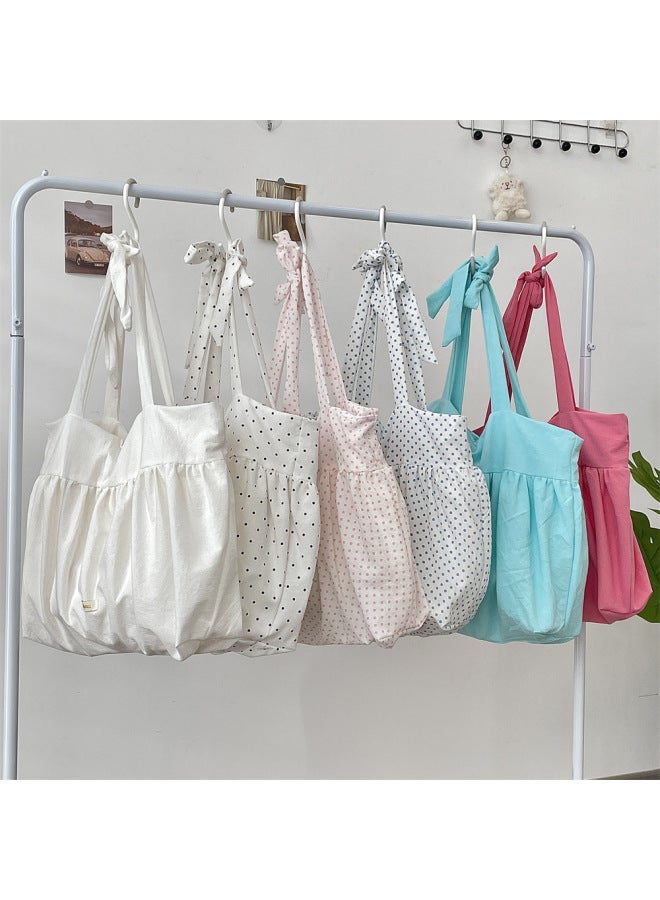 5291 Lazy Style Pleated Skirt Lace-up Shoulder Bag Large Capacity Underarm Bag Korean Style Canvas Bag Spring And Summer Arrival Bag-Color:Blue Polka Dots  - Image 2