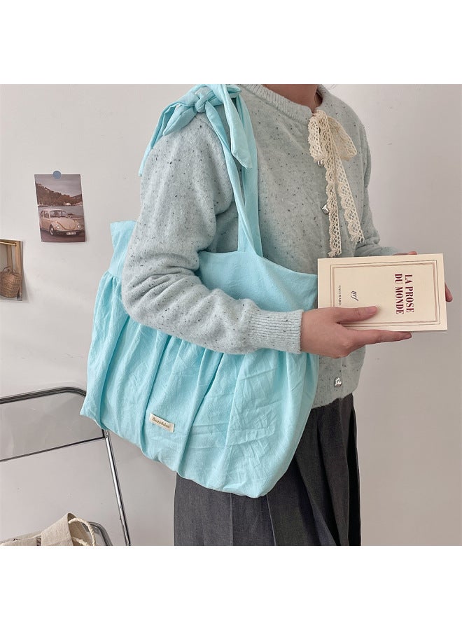 5291 Lazy Style Pleated Skirt Lace-up Shoulder Bag Large Capacity Underarm Bag Korean Style Canvas Bag Spring And Summer Arrival Bag-Color:Blue Polka Dots  - Image 3