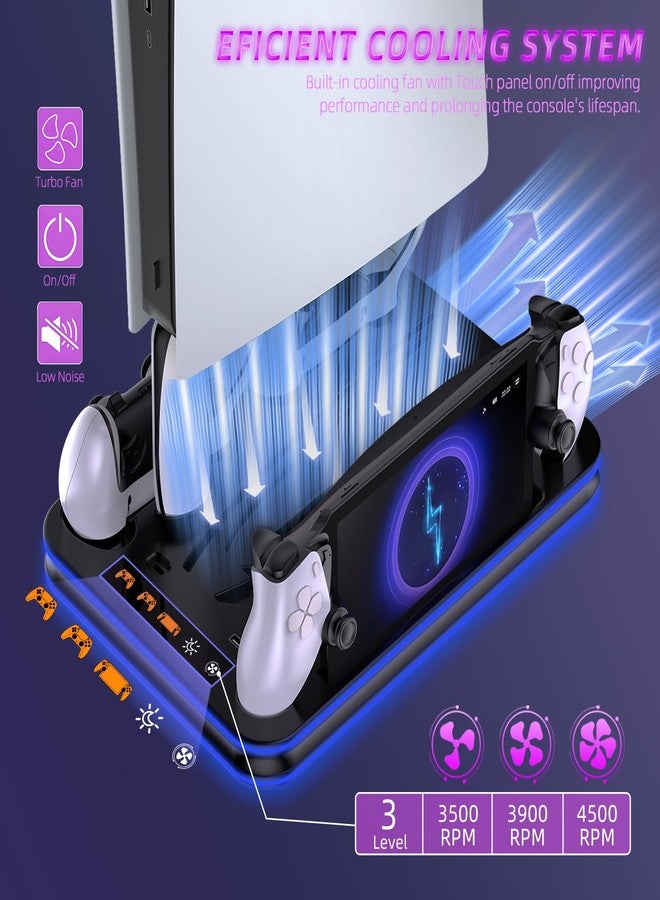 JDDWIN حامل ومحطة تبريد لجهاز PS5 / PS5 Slim/Pro من JDDWIN مع وحدة تحكم LED ومحطة شحن لجهاز PS5، بإضاءة سوداء - Image 2