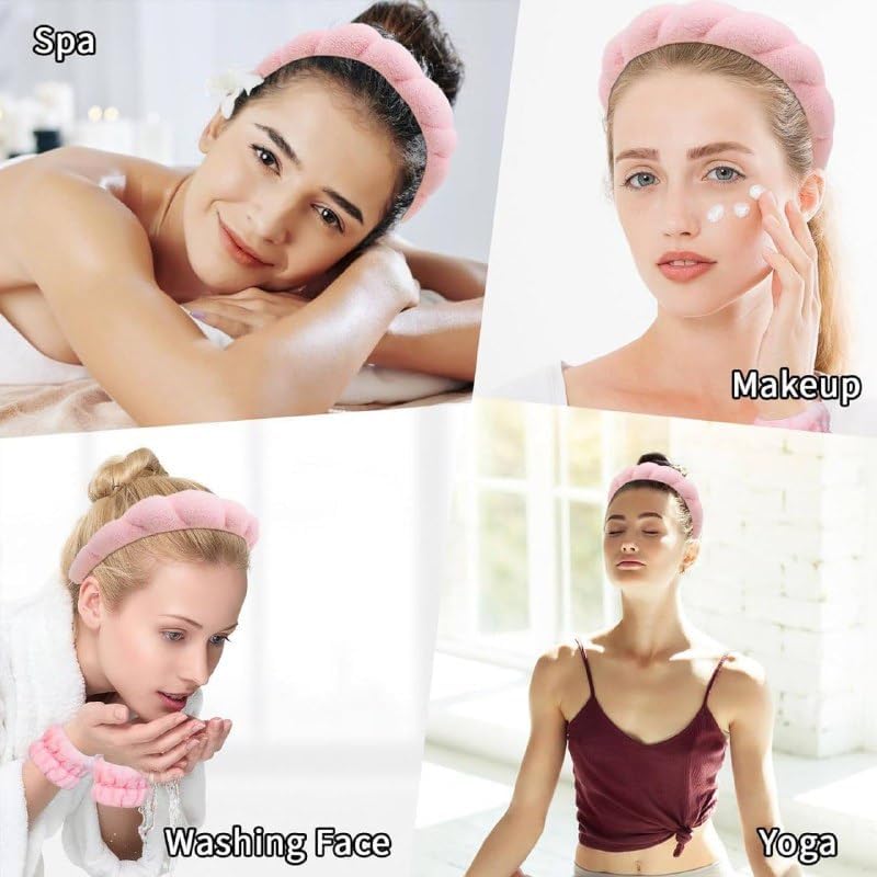 Drizop 1Pcs Facial Spa Headband 2Pcs Wristband Combo Set Pink Makeup Headband and Wrist Washband Set for Face Washing Skincare Shower Makeup Removal - Image 3